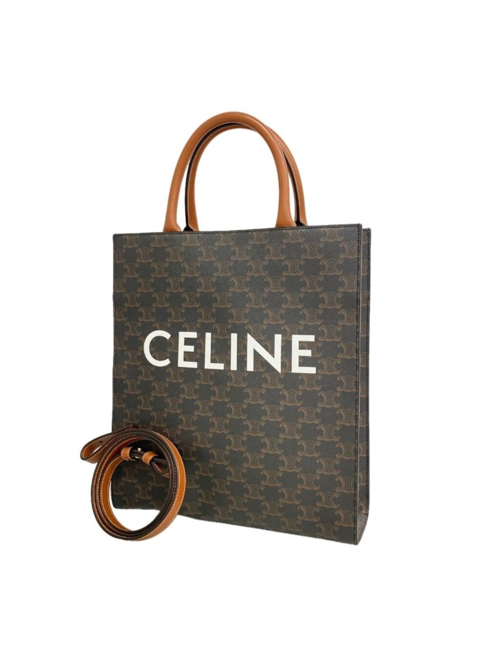 Celine Tote Bag Triomphe Verticle Cabas Brown Gold 2-Way